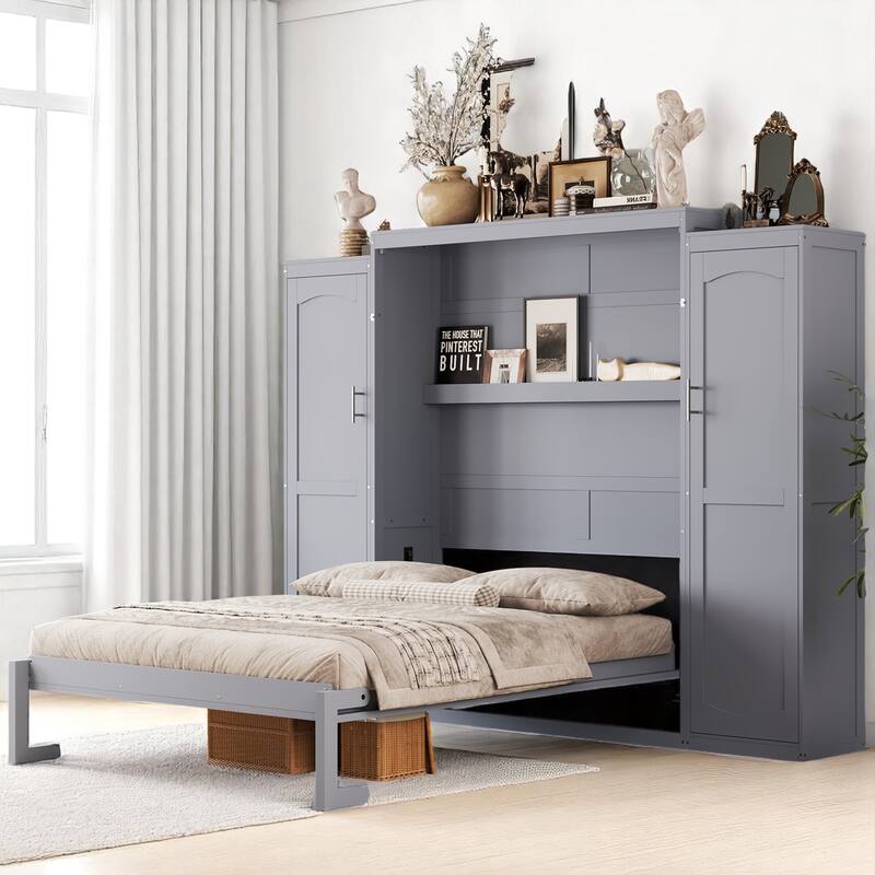 Full/Queen Murphy Bed with 2 Wardrobes and Shelf, Foldable Wall Bed Frame with Storage for Guest Room or Bedroom - Grey - Full