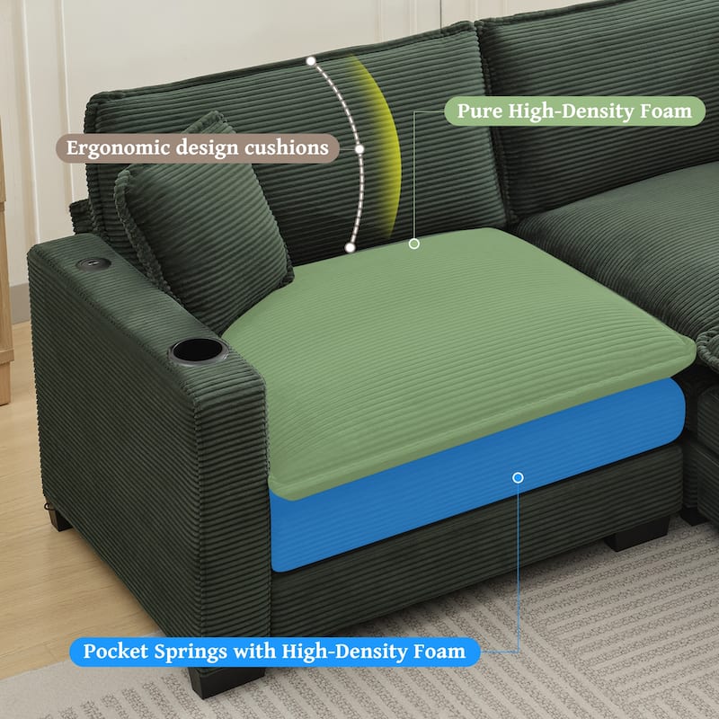 Stripe Corduroy Sofa with USB and Cup Holders, L Shape Chaise with Ottoman and Lumbar Pillows, 3 Seater Convertible Lounge Couch