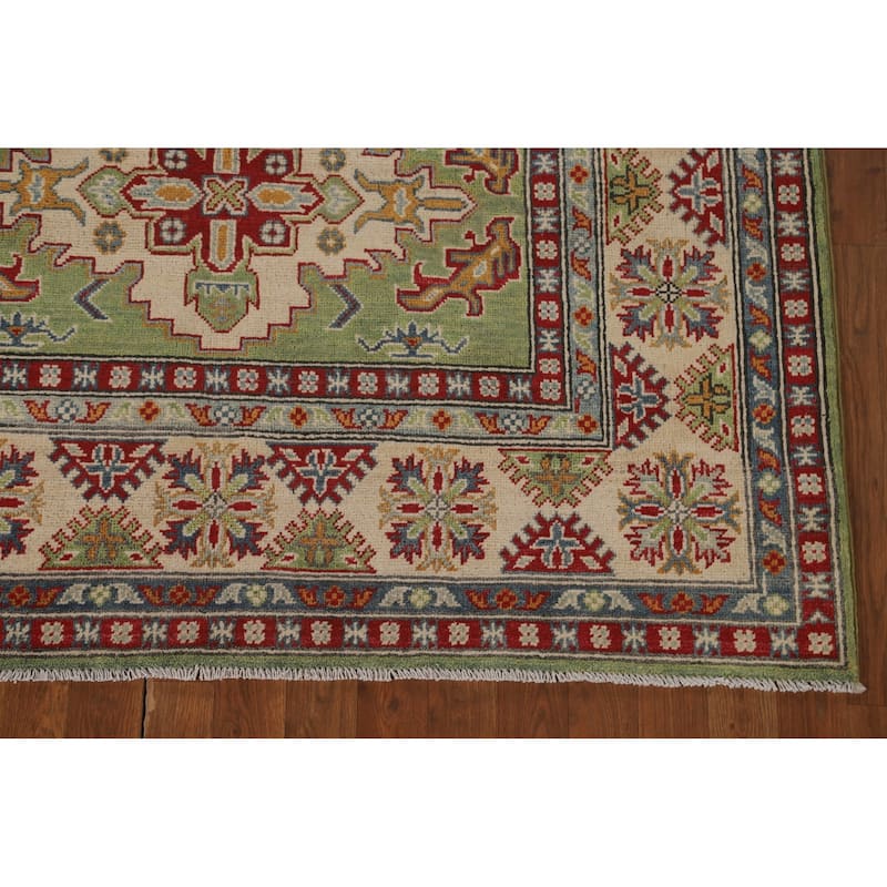 Light Green Geometric Kazak Area Rug Handmade Wool Carpet - 5'0" x 7'0"