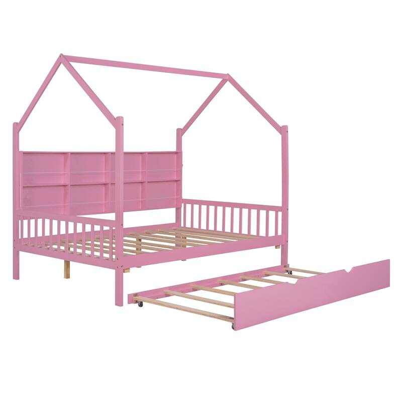 Pine Kids House Platform Bed with Trundle, Shelf, and Roof