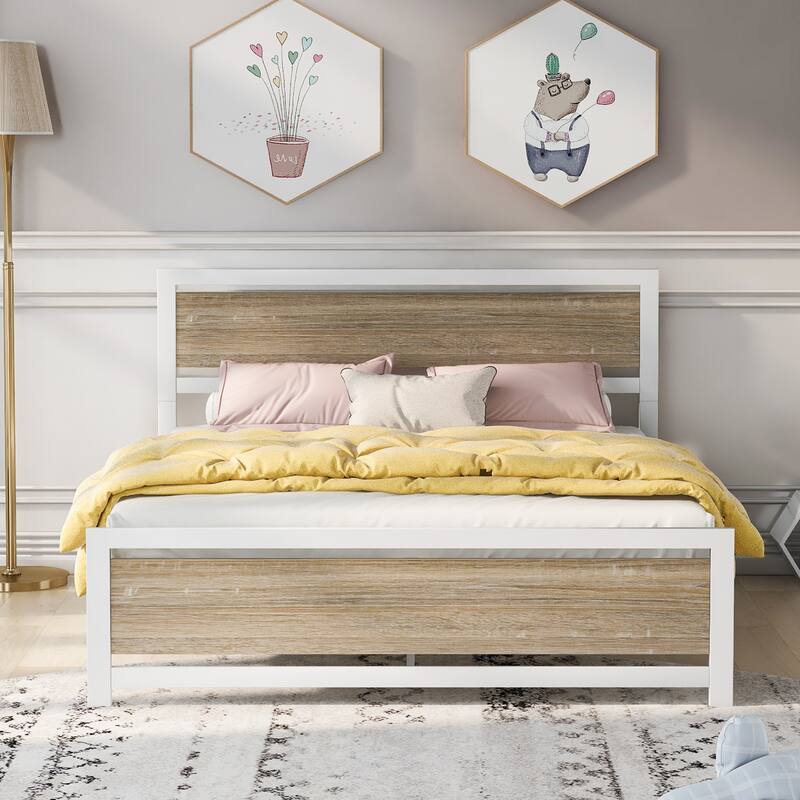 Metal and Wood Platform Bed Frame with Headboard & Footboard