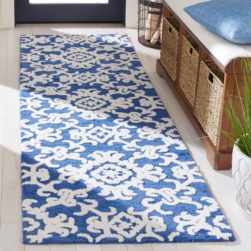 SAFAVIEH, Handmade Blossom Vesela Modern Floral Wool Rug - 2'3" x 8' Runner - Navy/Ivory