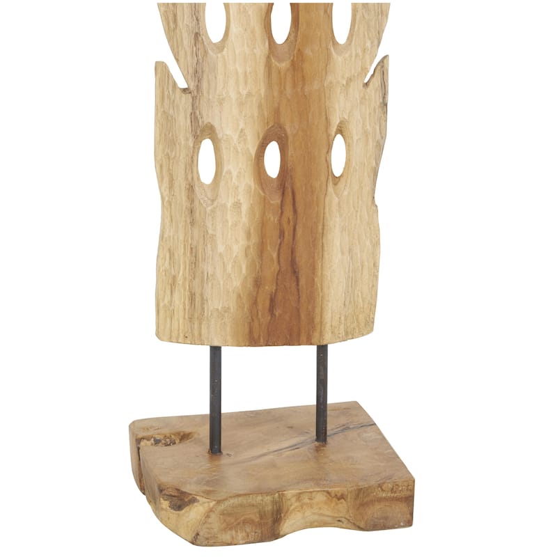 Brown Teak Wood Handmade Tall Floor Cutout Post Abstract Sculpture with Live Edge Base