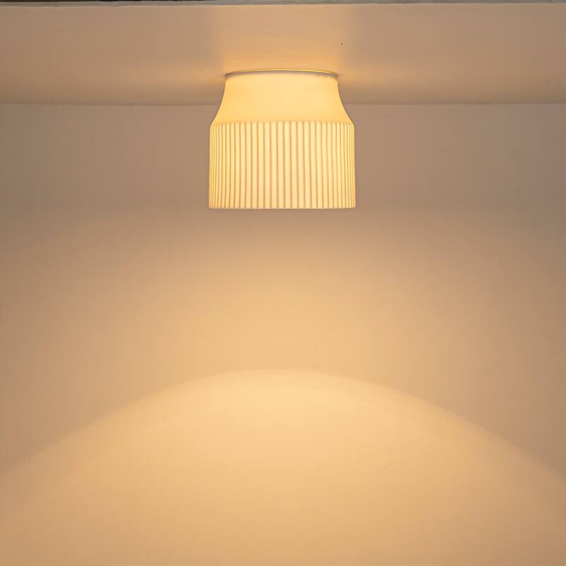 1-Light Matte White Flush Mount Ceiling Light with Ceramic Drum Shade - Dia.9.45-in