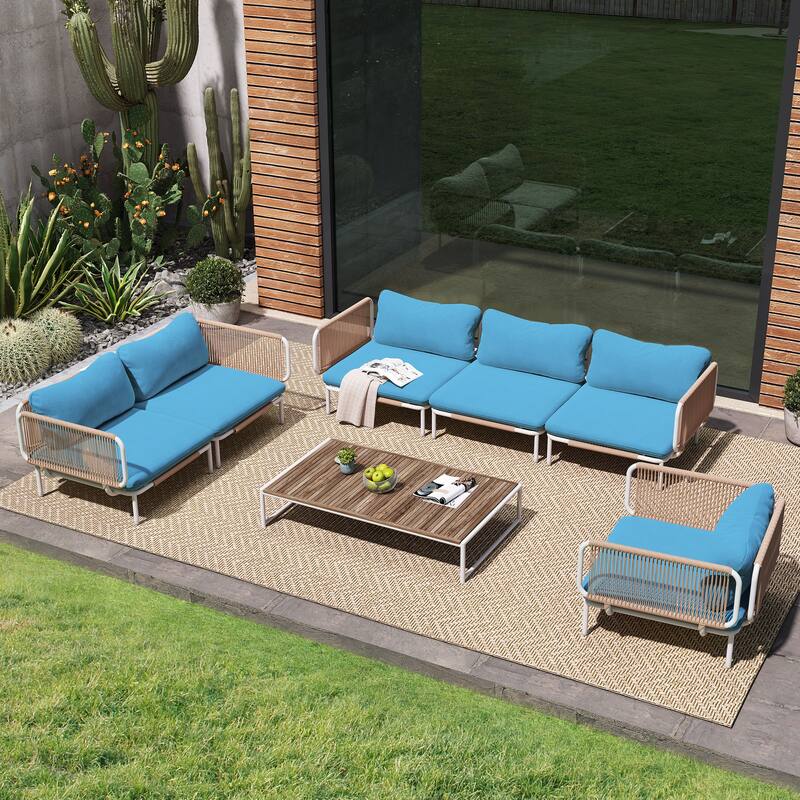 Outdoor Cushioned Sectional Sofa Chat Set Patio Furniture Conversation Set, Free Combination - 6-piece seats - Blue,6pcs seats & 12 arms