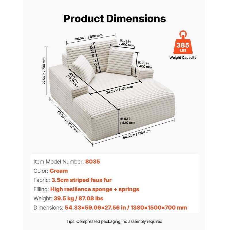 Faux Fur Chaise Lounge with Ergonomic Design, Pocket Springs and Pillows