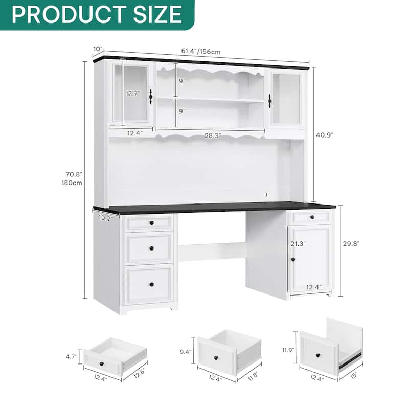 Moasis Farmhouse Executive Office Desk LED Computer Desk with Drawers and Storage Cabinet