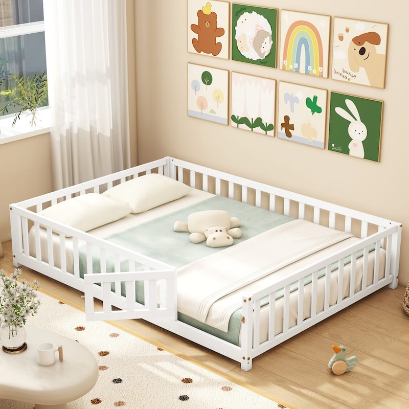 Montessori Floor Bed Frame with Full-length Guardrails Safety Door and Plywood Slats