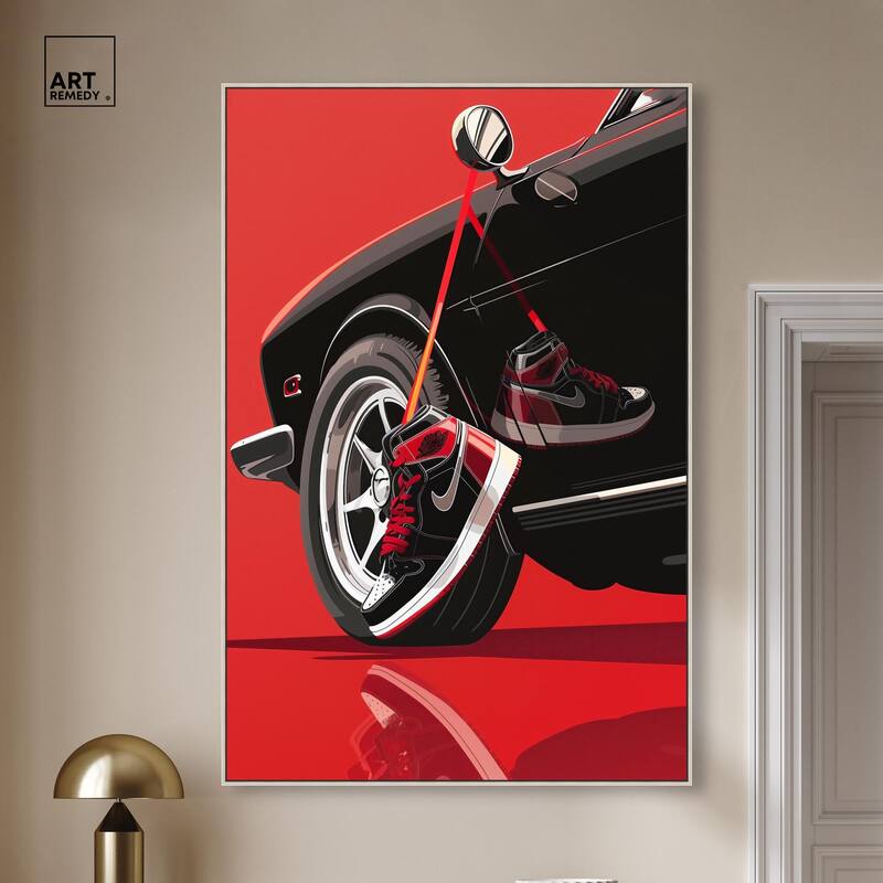 Red Bold Sneaker and Car Canvas by Art Remedy