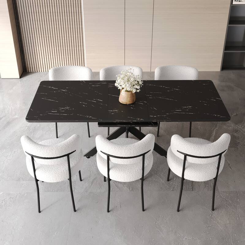 Upholstered Armless Chairs with Curved Backrest, Extendable Rectangular Dining Table, Stylish Table and Chair Set for 6