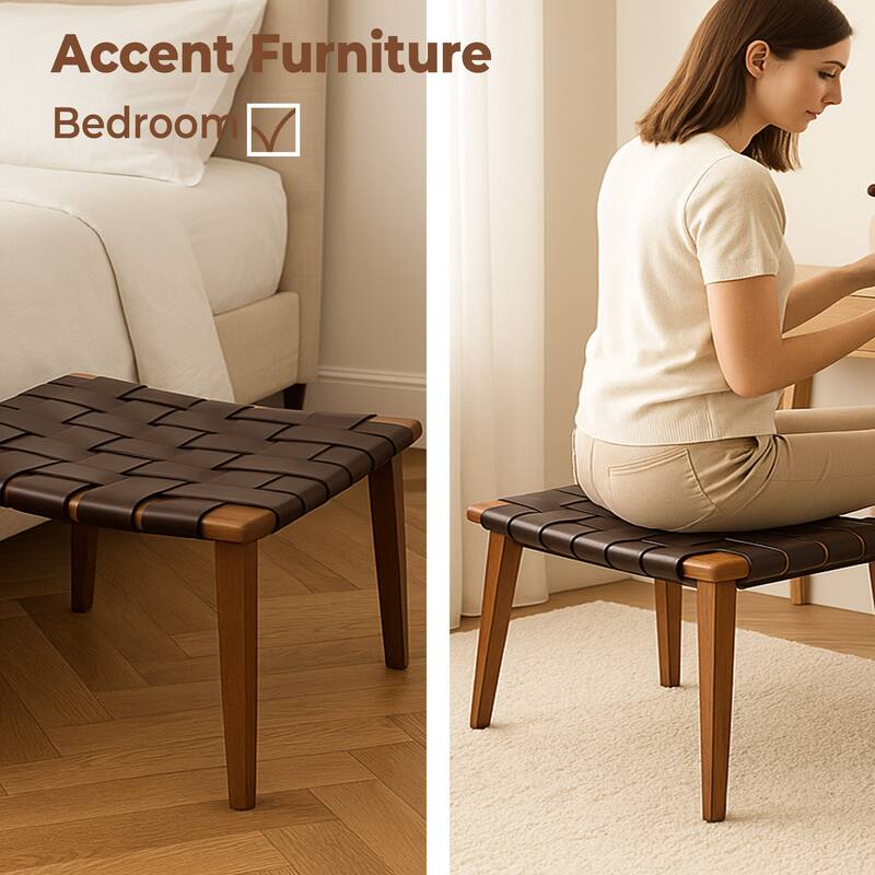 Aria Home Brown Rene Genuine Leather Stool Bench Modern Accent Seat