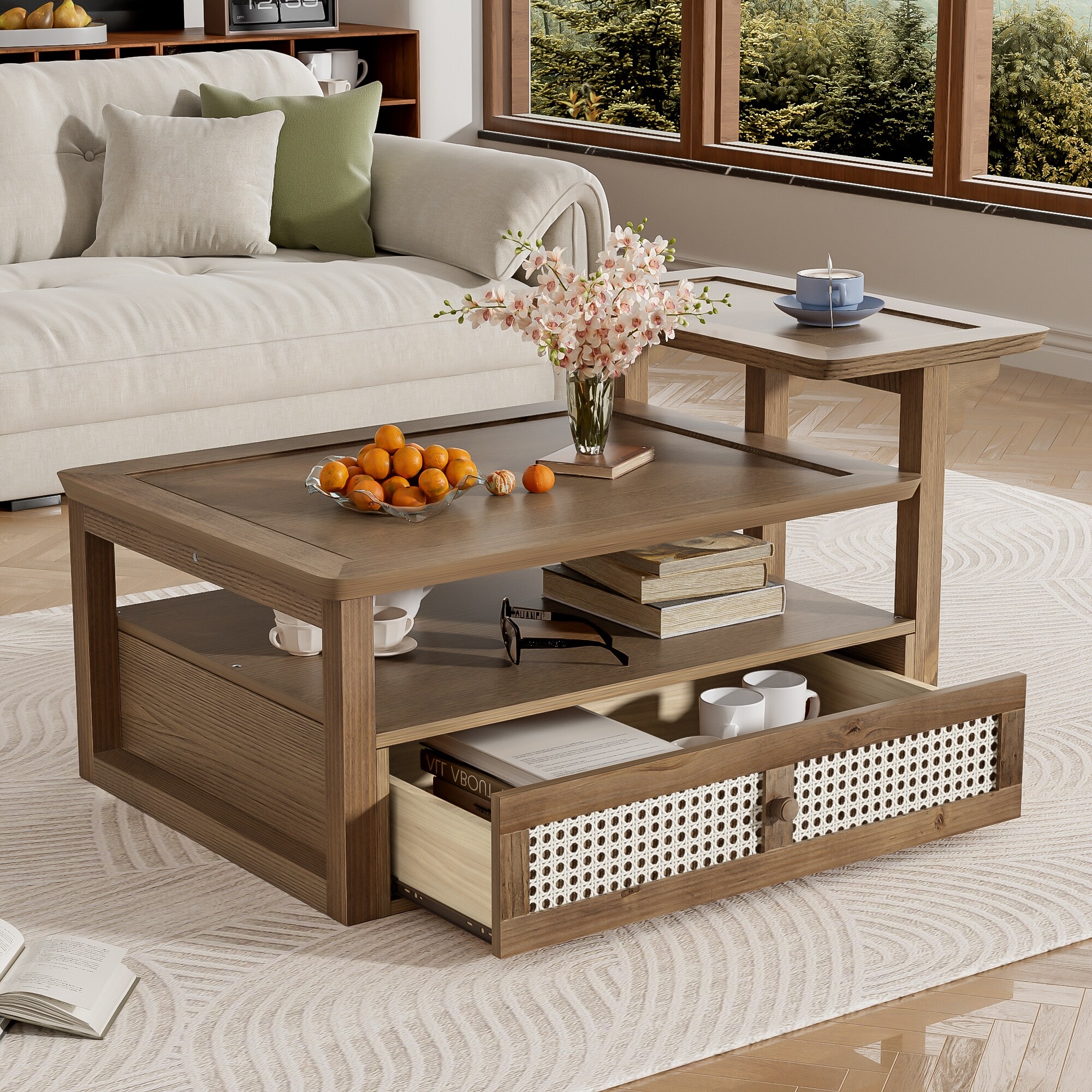 Rustic Nested Dual Coffee Table with Rattan Drawer, Home Wood Tea 