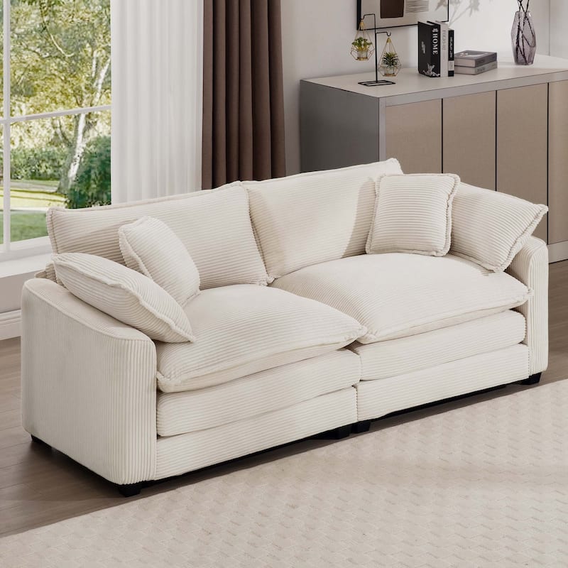 Corduroy Fabric Upholstered Loveseat Sofa, Deep Seat Sectional Sofa with 4 Pillows, 2-Seater Sofa with Removable Armrests - Beige