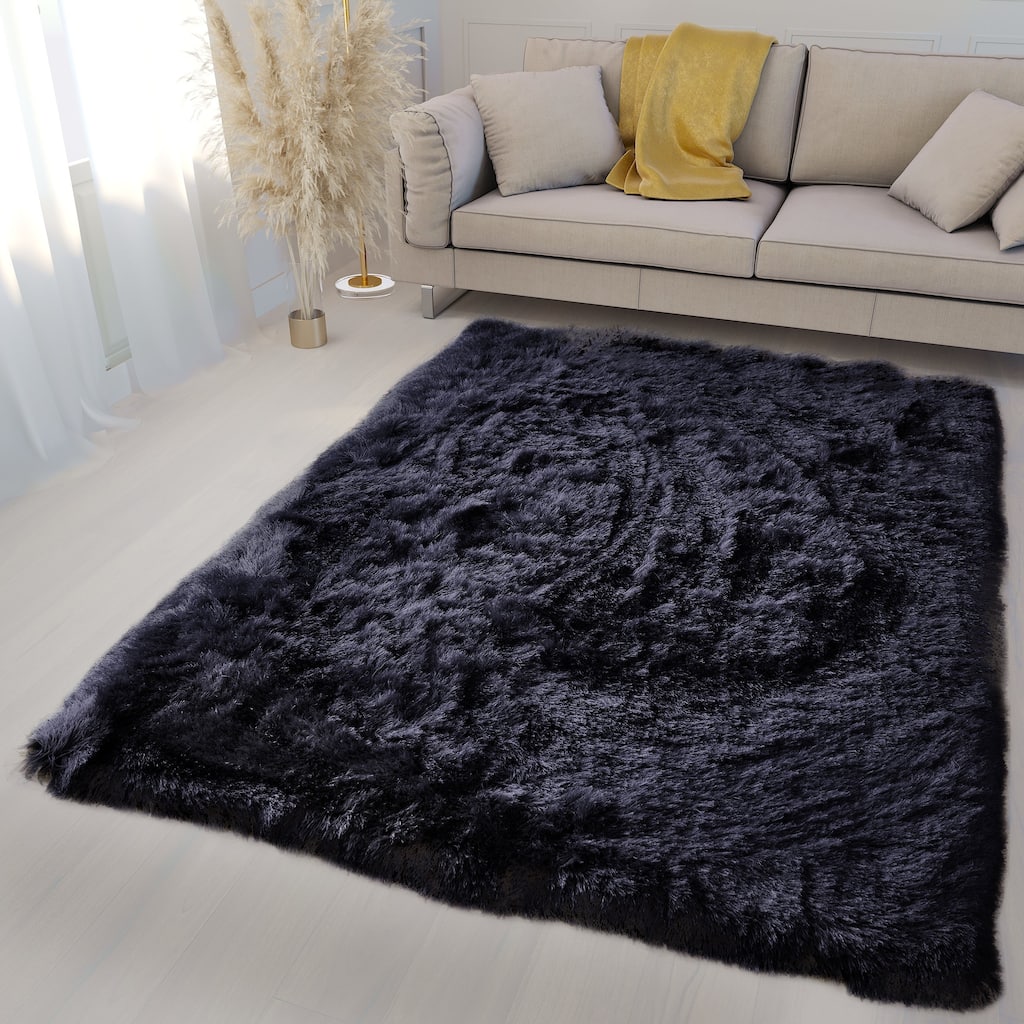 RugBerry Glorious Black Shag Area Rug Long Plush Fluffy Hand Tufted