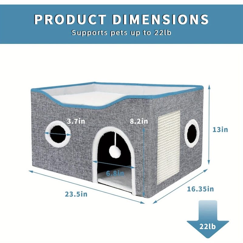 Extra-Wide Cat House Indoor Foldable With Scratch Pad And Toy - 23.5" x 16.35" x 13"