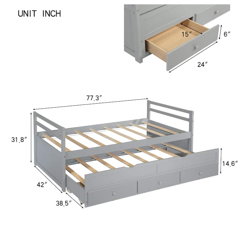 Twin Size Pine Wood Bed Kids Daybed Storage Bed with Trundle Bed, 3 Storage Drawers, Headboard and Footboard for Children's Room