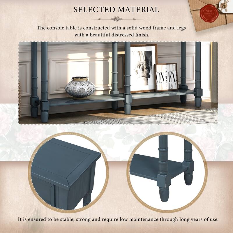 TREXM Solid Wood Console Table with Storage Drawers and Bottom Shelf