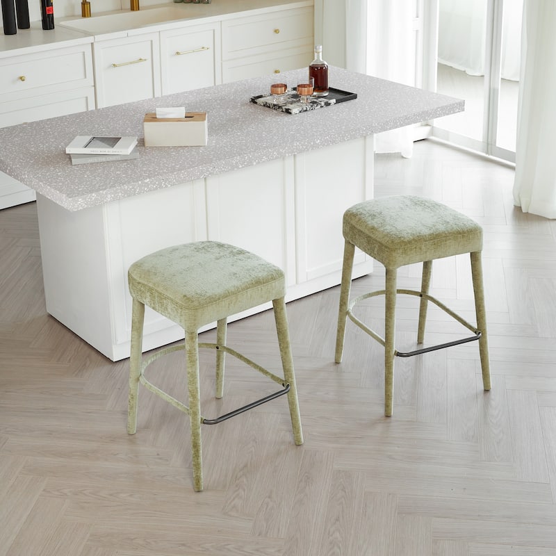 Set of 2 Light Green Fabric Backless Bar Stools, Padded Seat with Sturdy Legs & Footrest, Counter Height