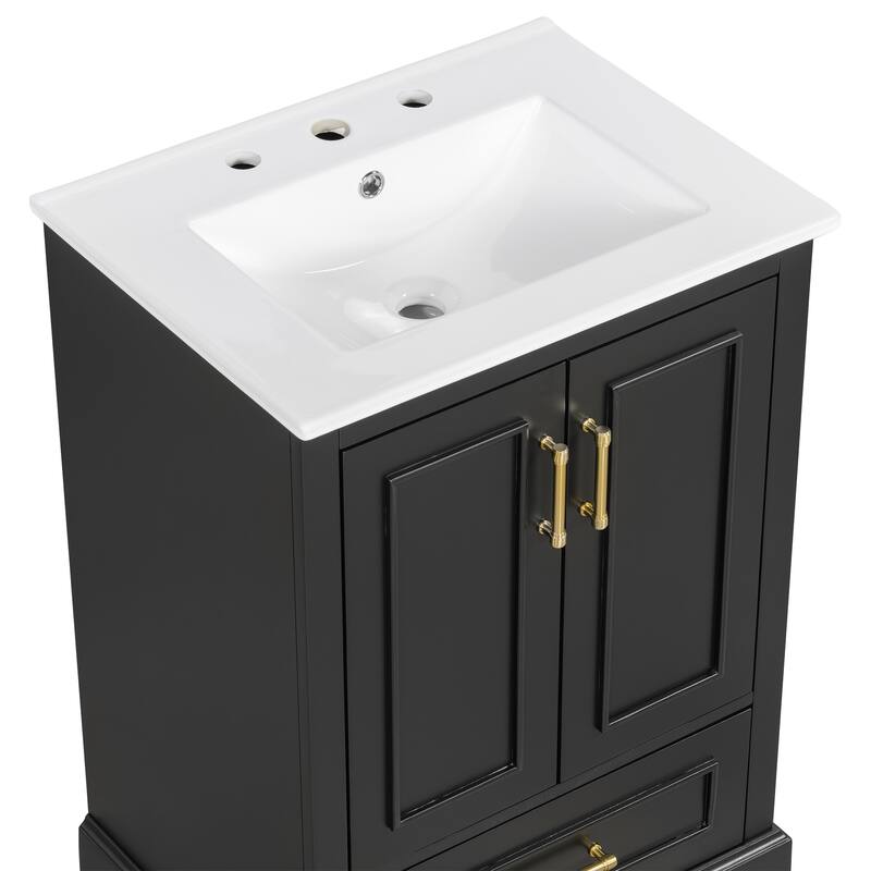Bathroom Vanity with Ceramic Sink, Freestanding Bathroom Cabinet with Double Shelf, 1 Divided Drawer & 2 Soft Close Doors