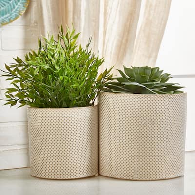Set of 2 Ceramic Planters Contemporary White and Tan 5" and 7" Dotted Design Planter Set for Indoor or Outdoor Plants