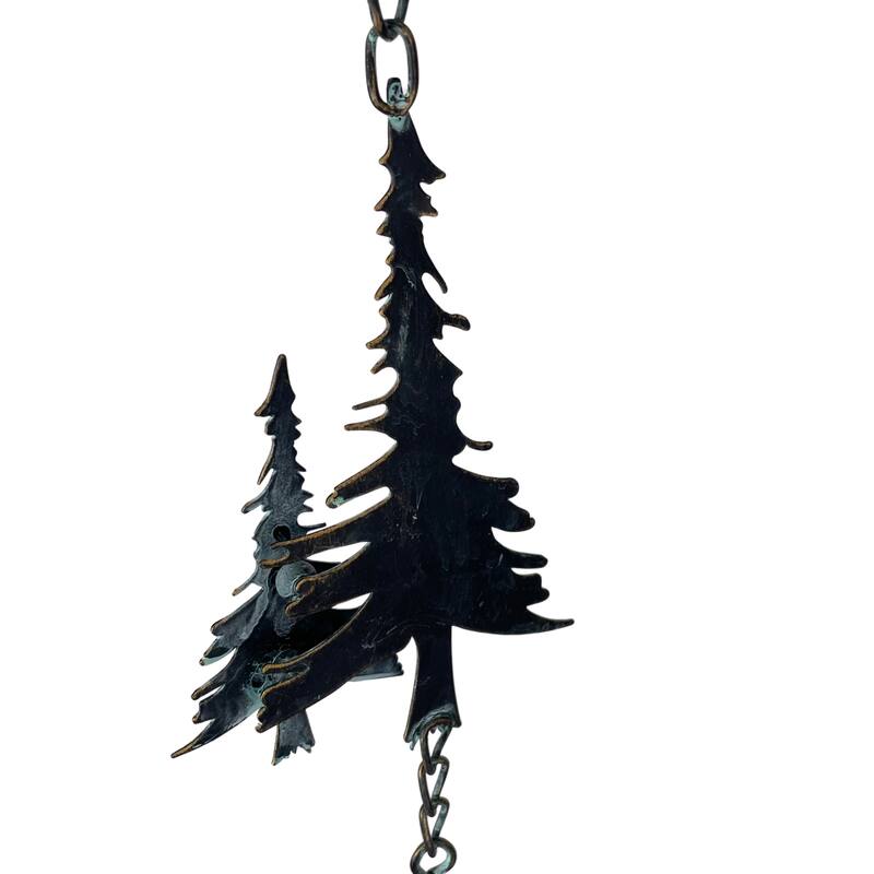 70" Metal Rain Chain - Forest Trees & Zen Bells, Aged Verdigris, 3.25" - 3.25 X 70 X 0.25 inches