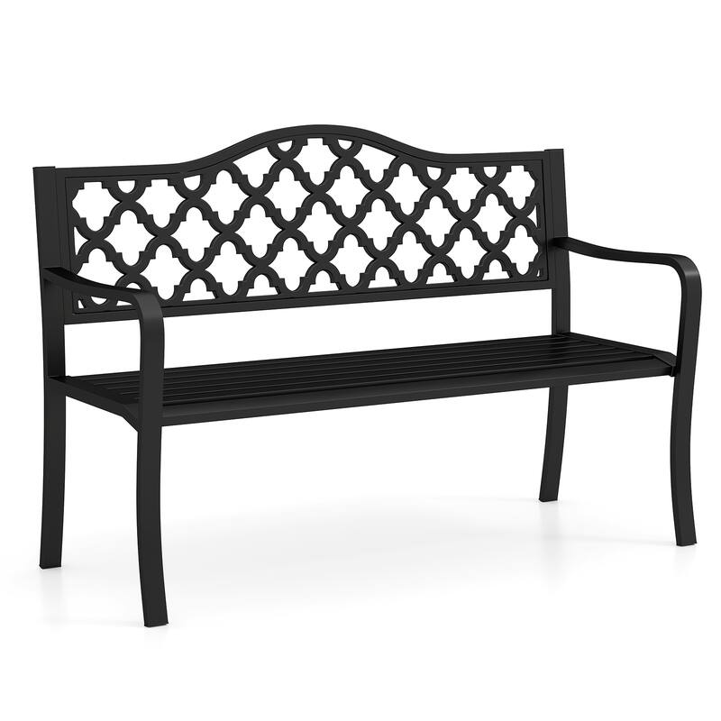 Black Metal Patio Bench with Patterned Backrest, Curved Armrests and Anti-Slip Pads - 21.5" L x 50.5" W x 35" H