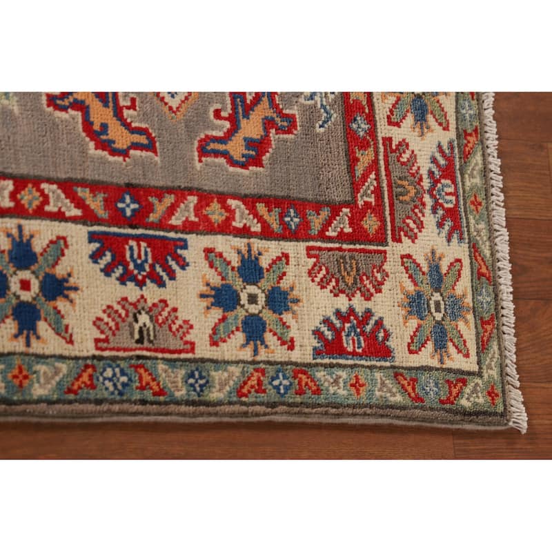 Geometric Grey Kazak Accent Rug Hand-Knotted Wool Carpet - 3'8"x 4'11"