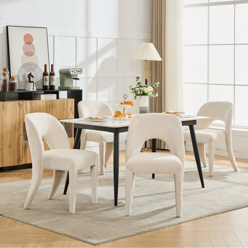 Chenille Dining Chair Set of 2, Armchair with Hollowed-Out Curved Backrest and Iron Chair Legs for Dining Room