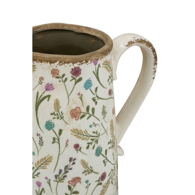8.1x5.7x9.1" Round Ceramic Pitcher Vase with Multi-Colored Floral Motifs