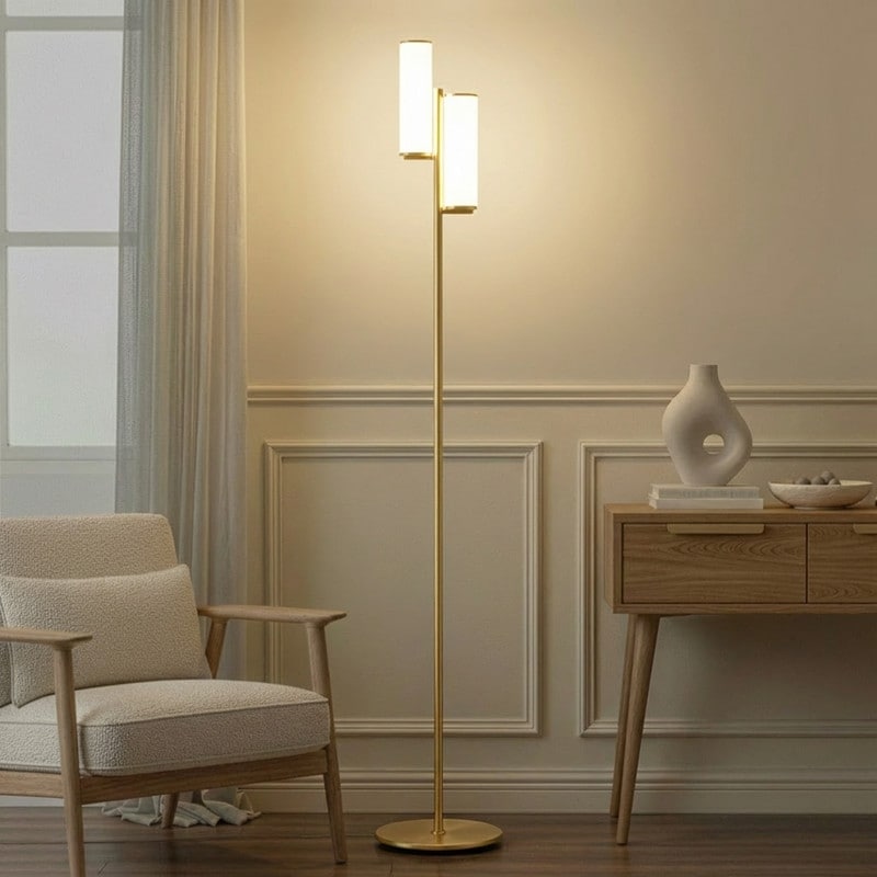 Brightech Gemini 64 in. Antique Brass Industrial 2-Light 3-Way Dimming LED Floor Lamp with 2 Frosted White Glass Cylinder Shades