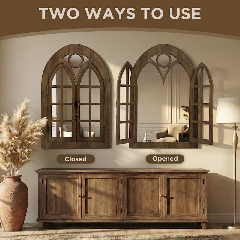 Classic Arched Wood Framed Window Pane Wall Mirror