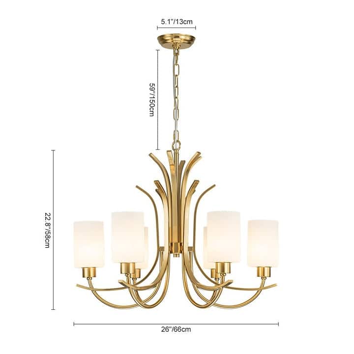 Mid-century Brass 6-Light Cylinder Milk Glass Chandelier