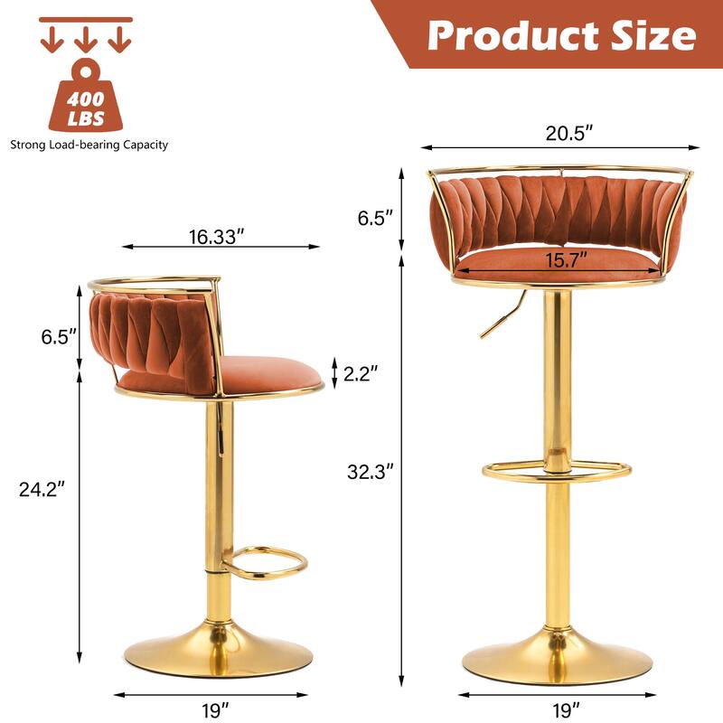 4 Set Velvet Adjustable Swivel Bar Stools With Backs