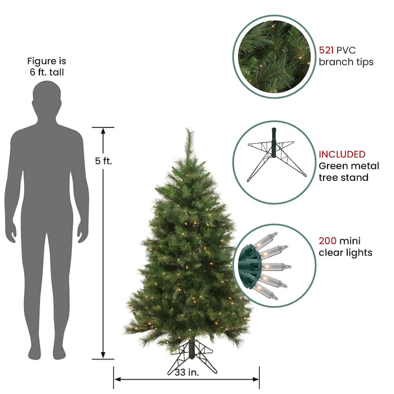5' Green Medium Beaver Pine Artificial Christmas Tree, Clear Lights - 5 Foot