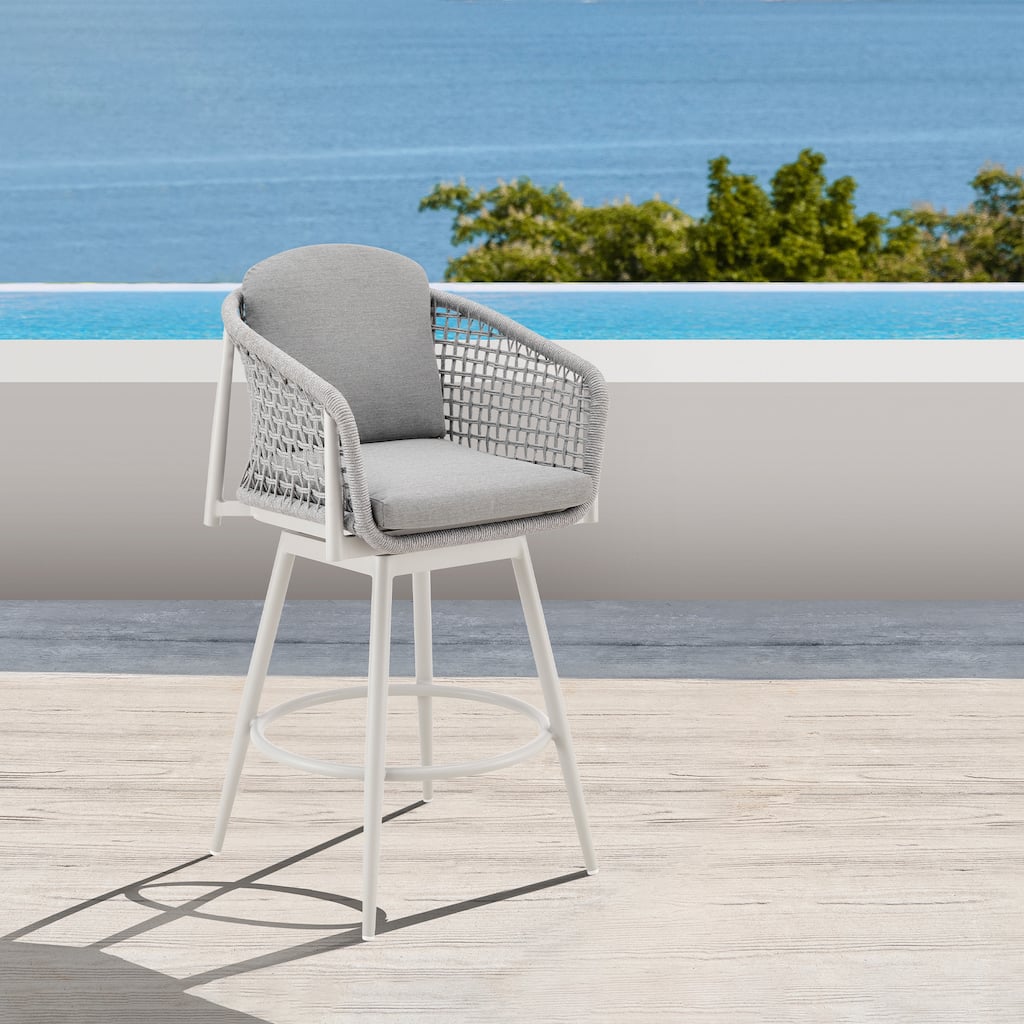 Rhodes Outdoor Patio Swivel Bar Stool in Aluminum with Rope and Cushions