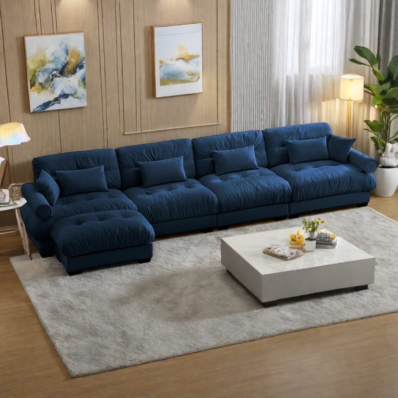 166" 4-Seat Velvet L-Shaped Sectional Cloud Sofa with Convertible Design, Bolstered Armrests, and Included Pillows - Blue