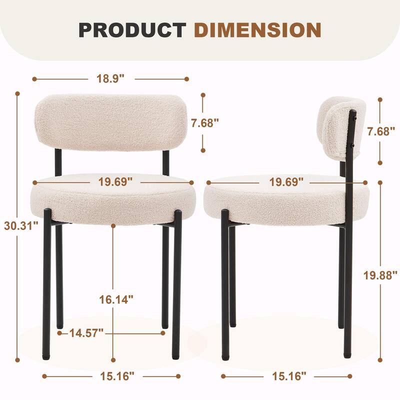 Set of 2 Modern Dining Chairs -Boucle Upholstery, Curved Backrest & Black Metal Legs