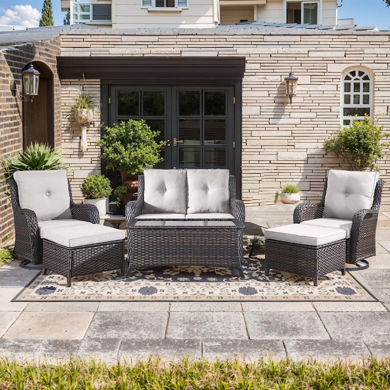Pocassy Outdoor 6 Pieces 2-Seat Sofa Swivel Chairs Table Ottoman - Beige cushion - Brown Wicker