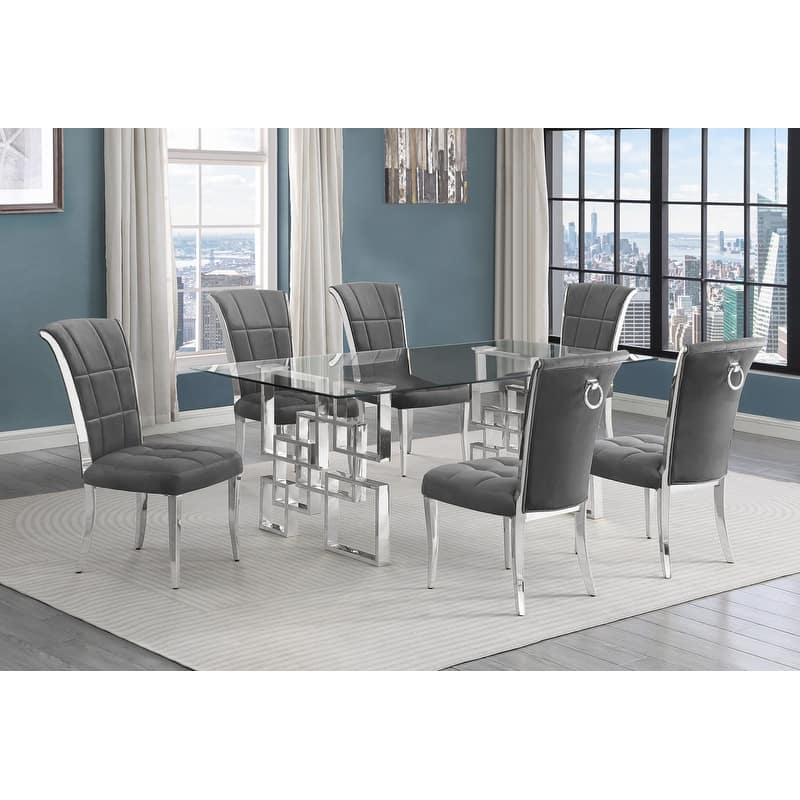 Best Quality Furniture D221/2-SC320-7 Dining Set with 12mm Tempered Glass - 7-Piece - Dark Grey with Silver