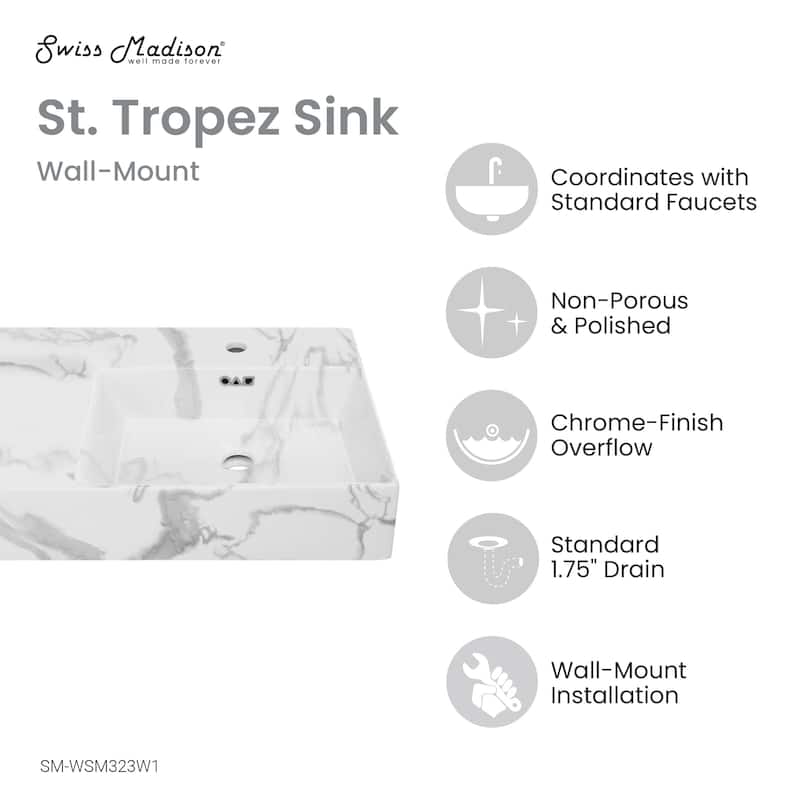 St. Tropez 24" Right Side Faucet Wall-Mount Bathroom Sink In White Marble - 23.625" x 16.125" x 5.75"