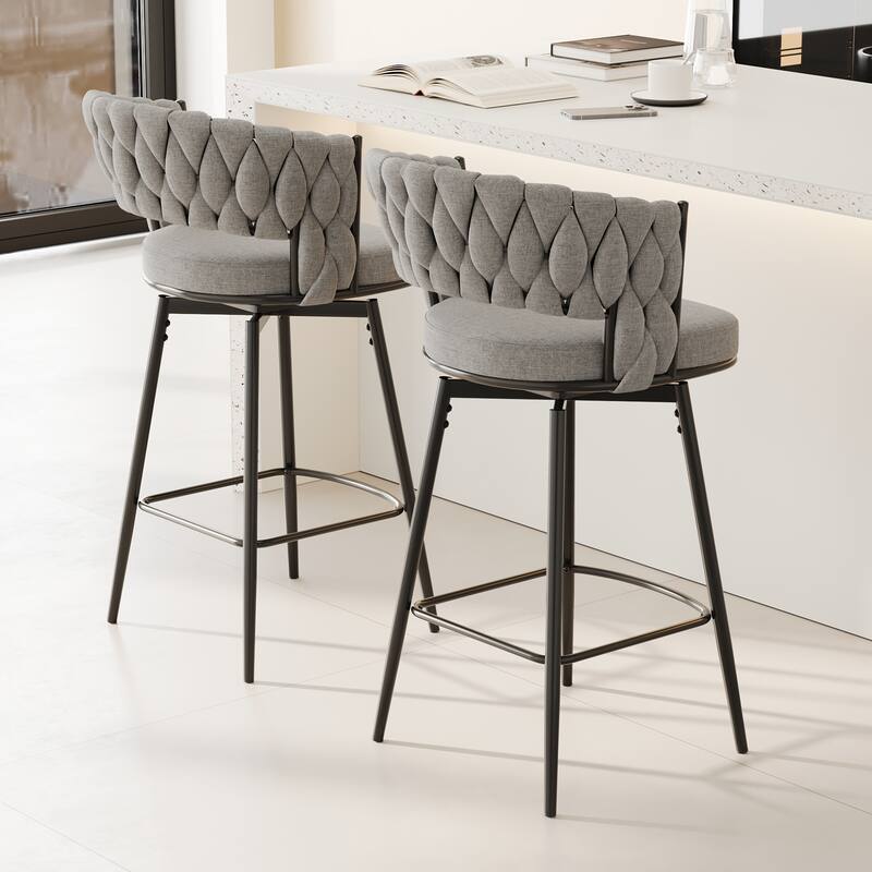 Swivel Bar Stools Set of 2, Upholstered Kitchen Island Chair with Woven Back, Counter Height Chair with Footrest