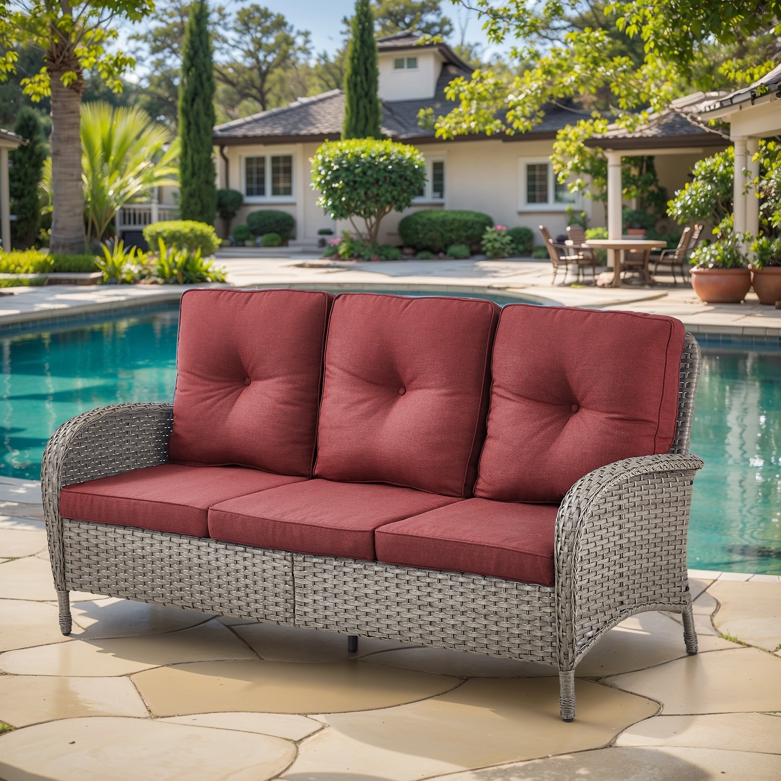 3-Seat Patio Wicker Sofa Soft Cushion Grey - Red