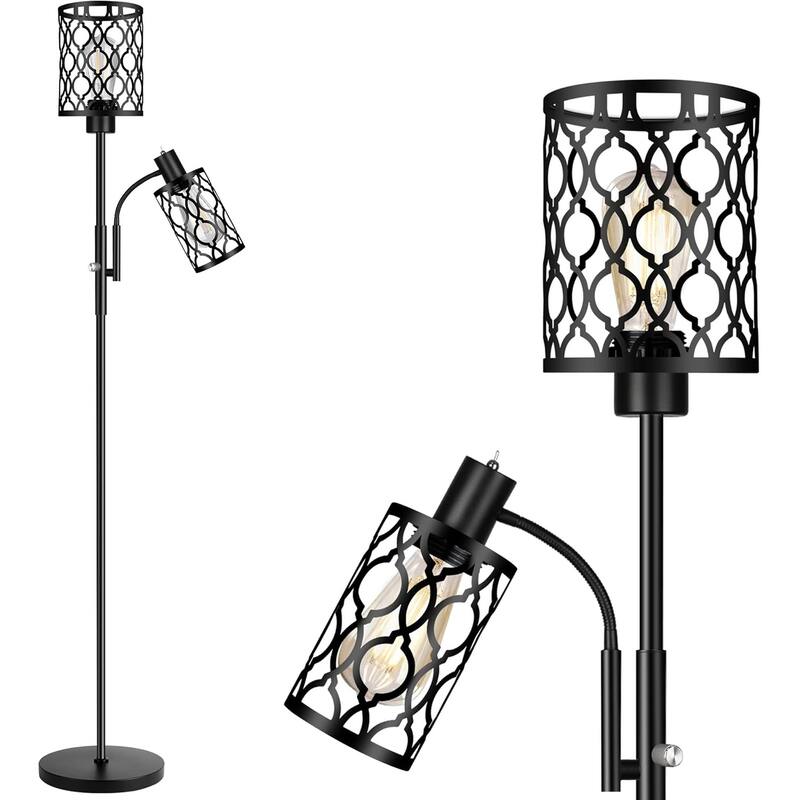 72" Farmhouse Floor Lamps, Floor Lamp with Adjustable Reading Lamp, 2-Light Tall Standing Lamps with 2 Edison Bulbs, 6W - Black