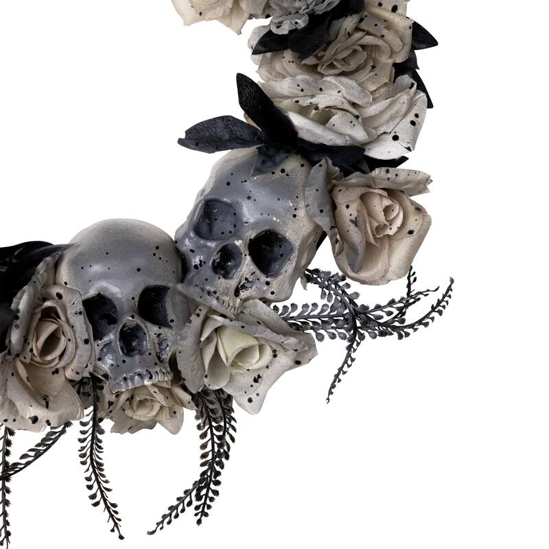 Double Skull and Gray Roses Halloween Wreath- 16" - Unlit