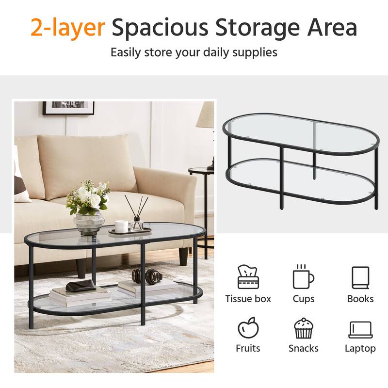 Yaheetech Modern Double-layer Oval Coffee Table with Clear Glass and Storage Space