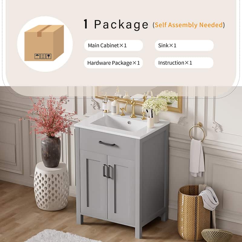 24" Bathroom Vanity with Ceramic Sink, Freestanding Cabinet with Flip Drawer, Soft Close Doors and Adjustable Shelf