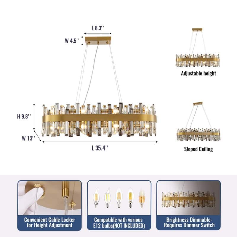 35.4'' Modern Crystal Chandelier 16-Light Rectangle Gold Brass Chandelier Luxury 2-Tier Crystal Pendant Light for Kitchen Island