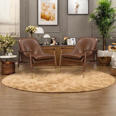Faux Leather Mid-Century Accent Chairs (Set of 2) with Cushioned Seats, Solid Wood Frames, and Brass-Tipped Legs
