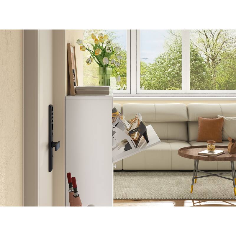 Tipping Bucket Shoe Cabinet, Freestanding Slim Narrow Shoe Rack, Shoe Storage Cabinet with Carved Doors & Solid Wood Legs