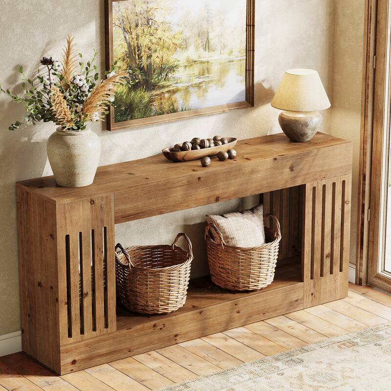 Solid Wood Console Table, Sofa Couch Table with Storage Shelf, 2-Tier Entryway Table for Entrance, Hallway, Living Room